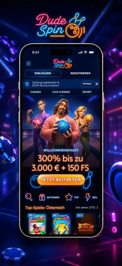 DudeSpin Casino App: Willkommensbonus 300% bis 3.000 € plus 150 Freispiele