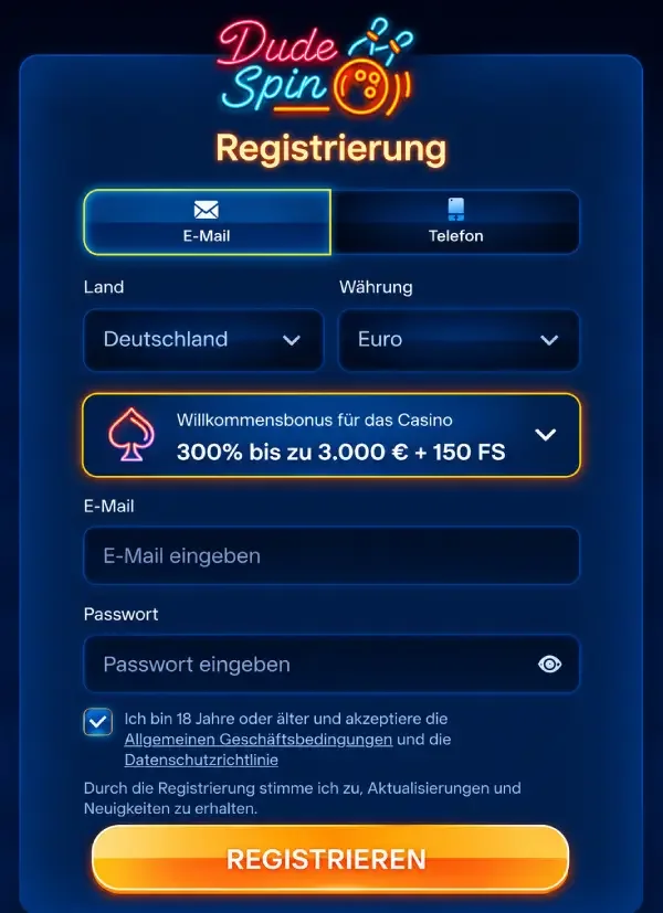 Registrierungsformular mit E-Mail, Passwort und Social-Media-Optionen.
